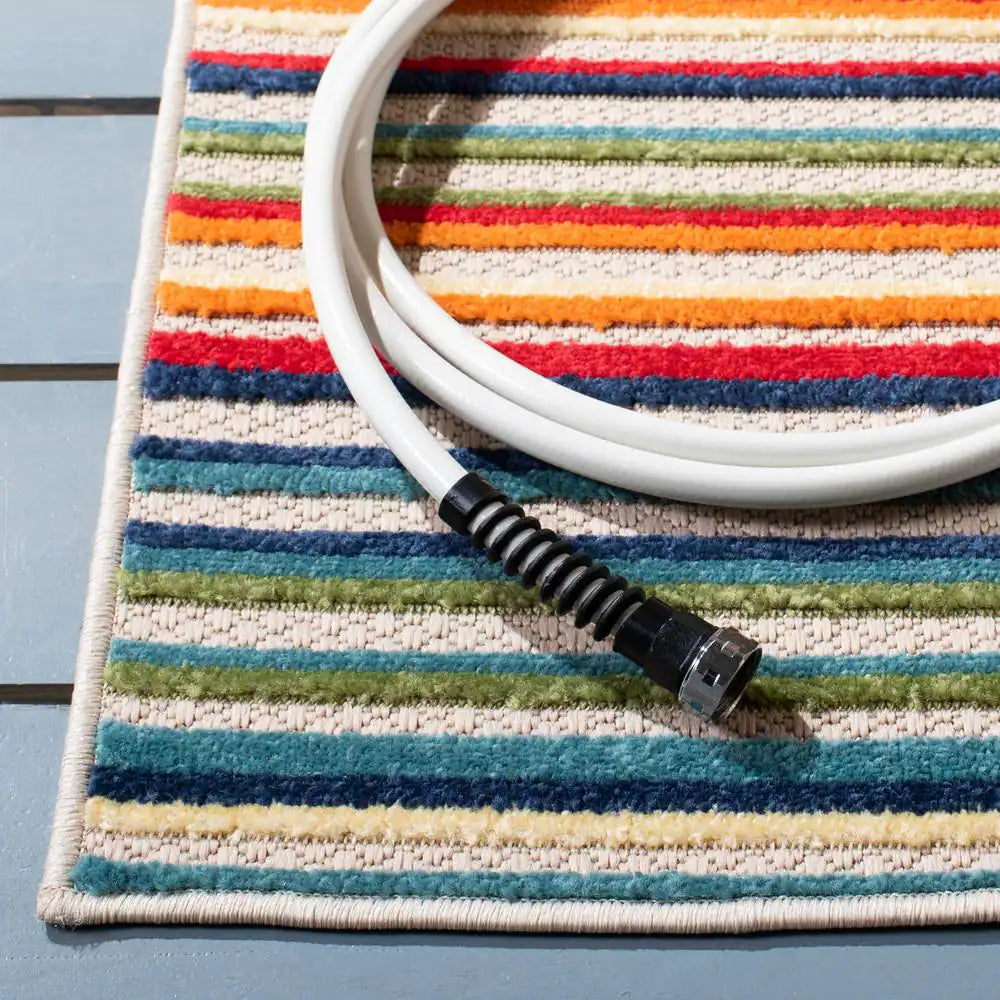 Cabana Ivory/Green 2 Ft. X 9 Ft. Striped Indoor/Outdoor Patio Runner Rug