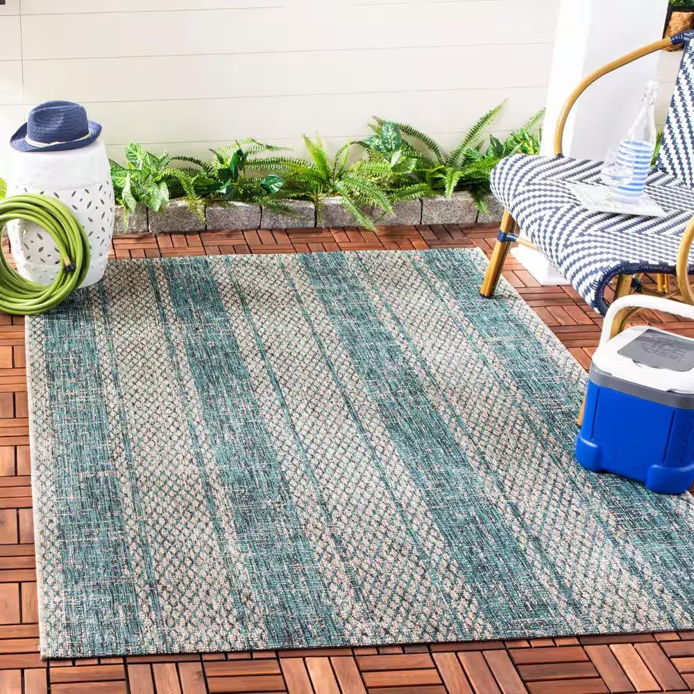 Courtyard Light Gray/Teal 8 Ft. X 11 Ft. Geometric Indoor/Outdoor Patio Area Rug