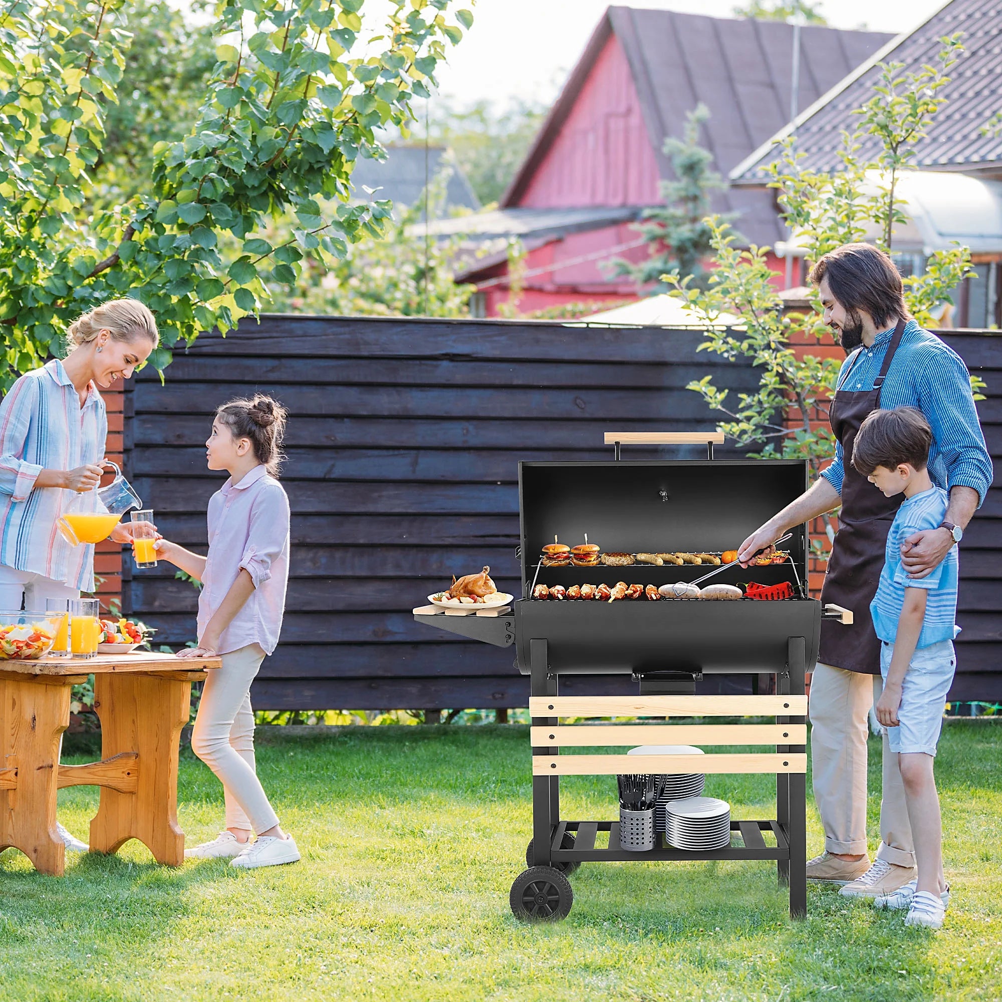 Charcoal Grill with Thermometer & Large Cooking Space, Smoker Grill, BBQ Grills for Camping & Picnic, Iron, Black