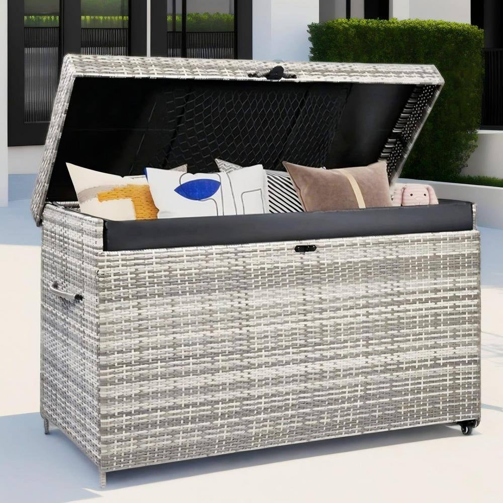 200 Gal. Gray Rattan Deck Box with Wheels All-Weather Outdoor Storage Box Wicker Storage Bin and Galvanized Steel Frame