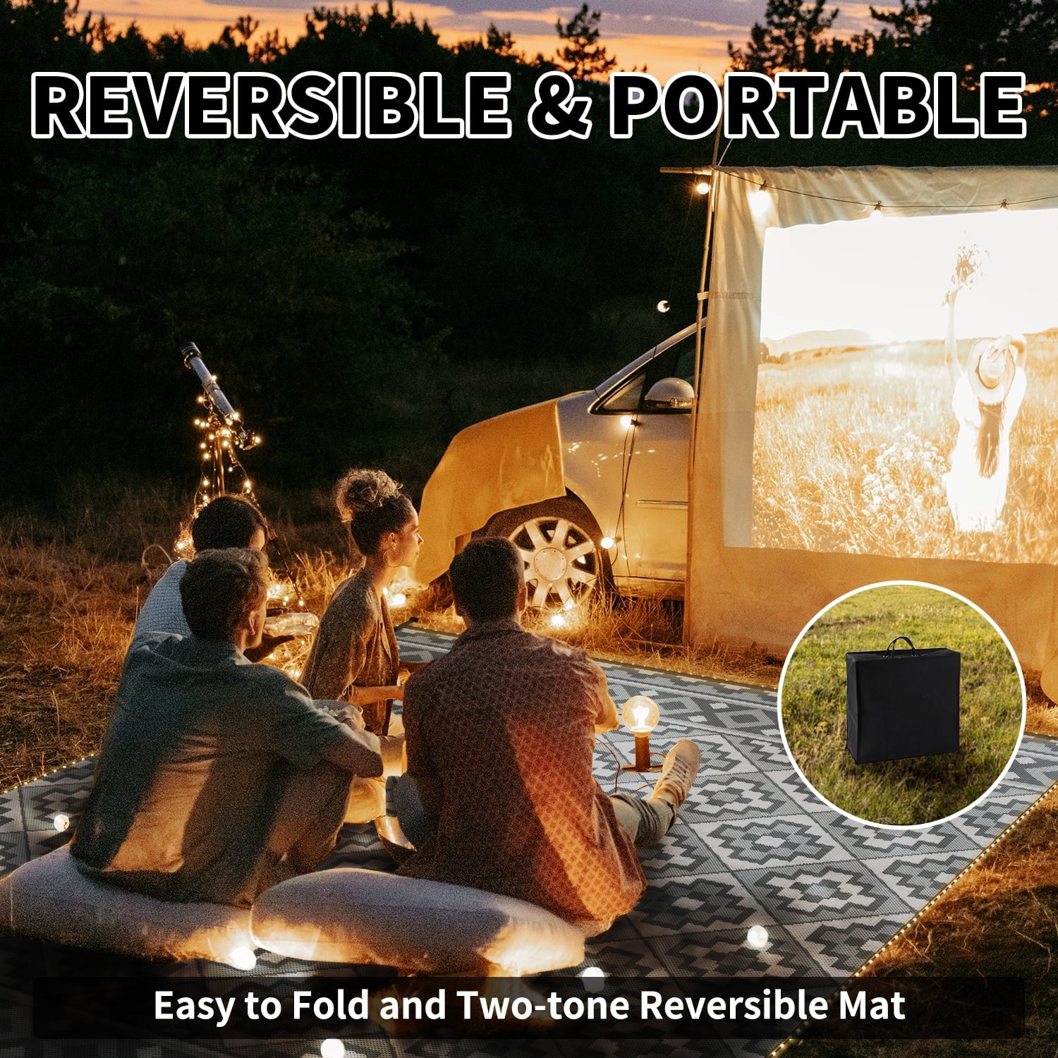 Outdoor Rug with LED Strip Light 8'X10' Waterproof Reversible Patio Rug Modern Lightweight Plastic Straw Indoor Outdoor Rug for RV Camping Deck Balcony Porch Boho Patio Decor Light Gray