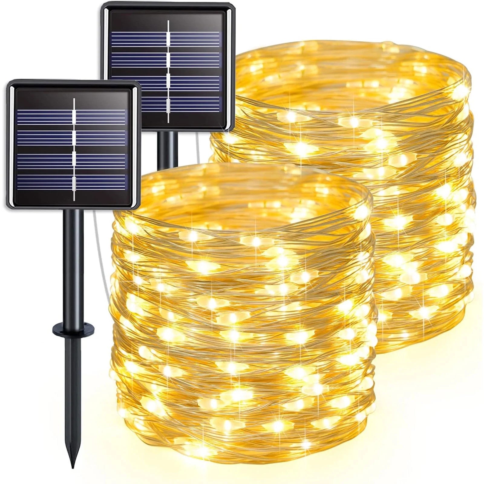 Warm White 100 LED 33Ft Solar String Lights - 8 Modes, IP65 Waterproof, Indoor Outdoor Lighting for Home, Garden, Party, Wedding (2 Pack)