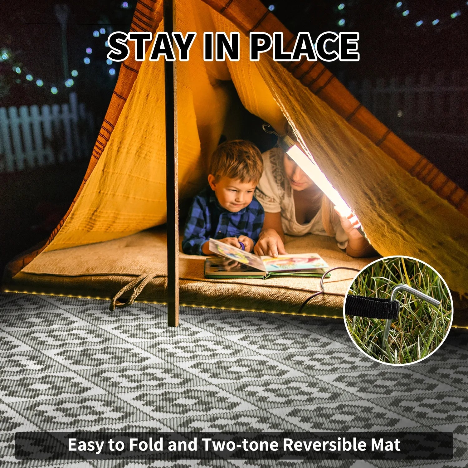 Outdoor Rug with LED Strip Light 9'X12' Waterproof Reversible Patio Rug Modern Lightweight Plastic Straw Indoor Outdoor Rug for RV Camping Deck Balcony Porch Boho Patio Decor Light Gray