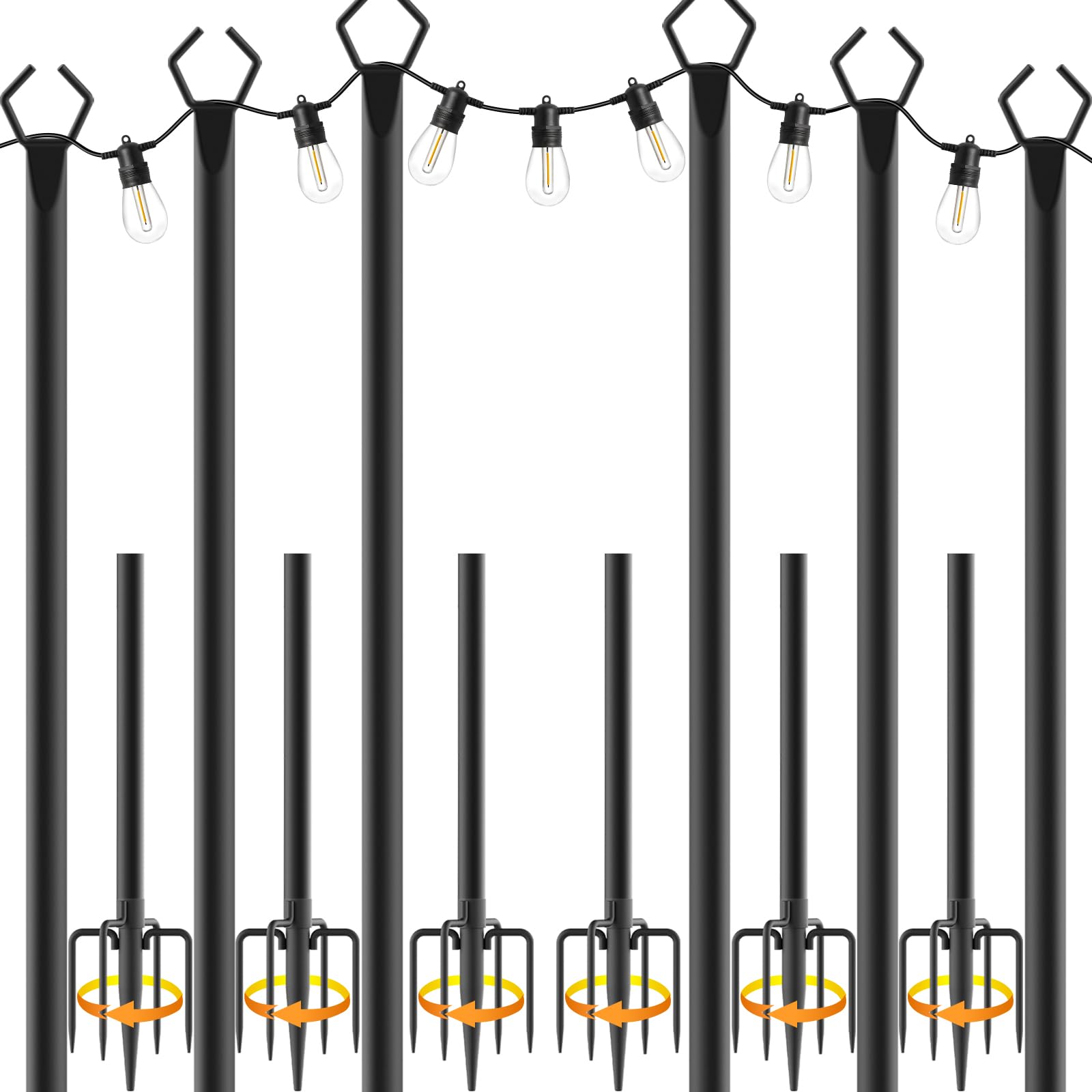 10 Ft Adjustable Heavy Duty Metal String Light Poles Outdoor Lighting Stand with Hooks Rustproof 6-Pack for Patio Garden