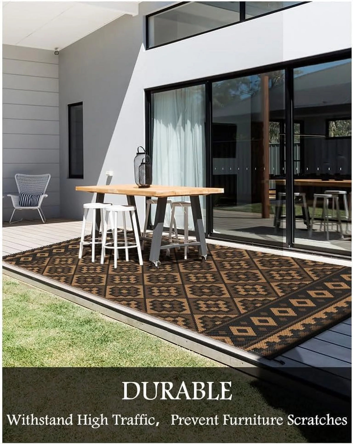 Outdoor Rug 8'X10' Waterproof Reversible Patio Rug Modern Lightweight Plastic Straw Indoor Outdoor Rug for RV Camping Deck Balcony Porch Boho Patio Decor Outdoor Carpet Black and Brown
