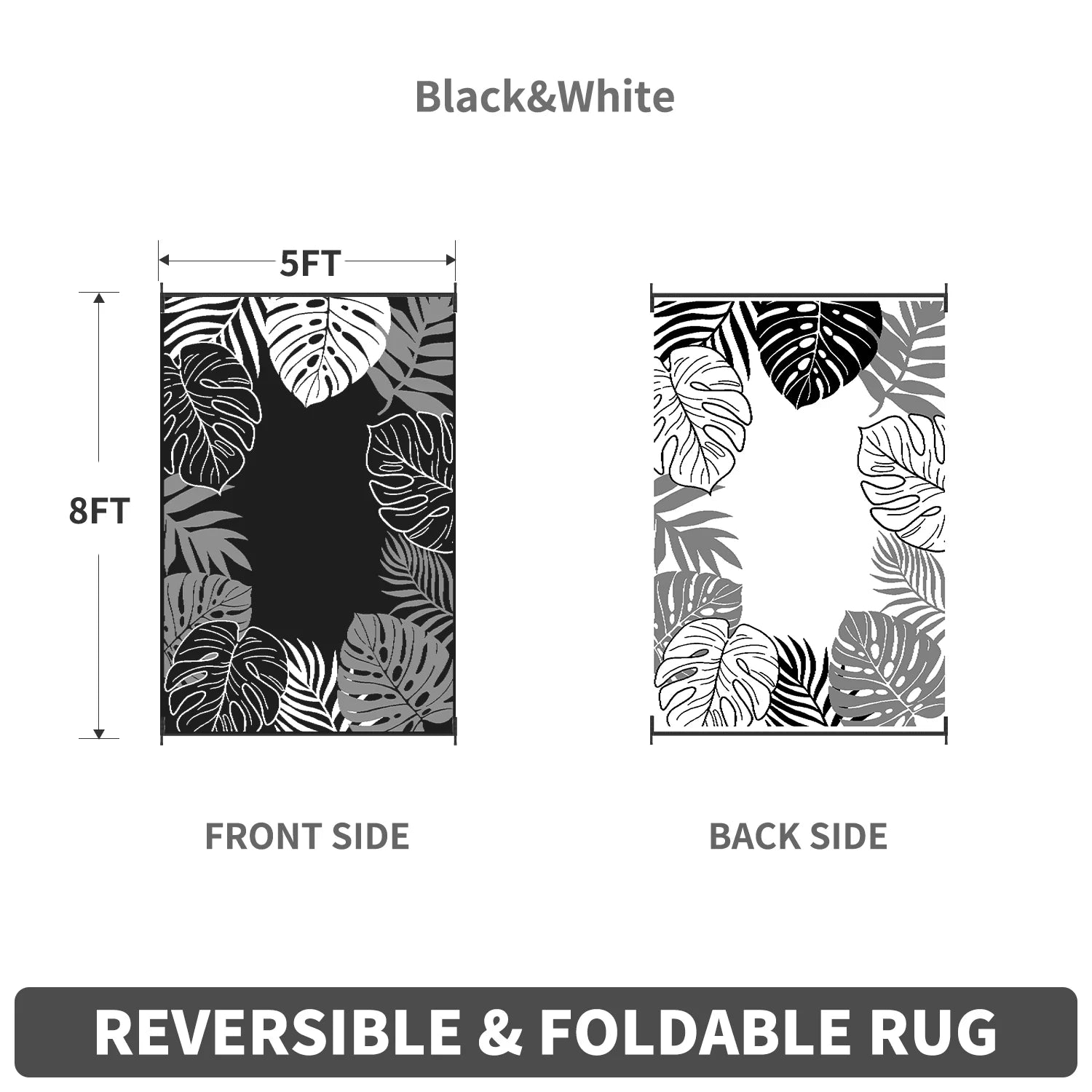 5'X8' Feet Waterproof Outdoor Rug, Reversible Black Plastic Patio Mat with Straw Texture Tropical Palm Leaf, Non-Slip Carpet for Camping, RV, Balcony, Porch, Picnic