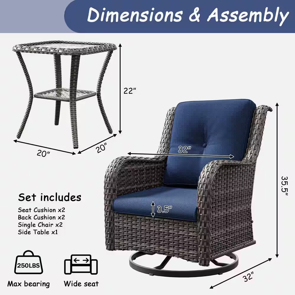 3-Piece Wicker Patio Swivel Outdoor Rocking Chair Set with Blue Cushions and Table