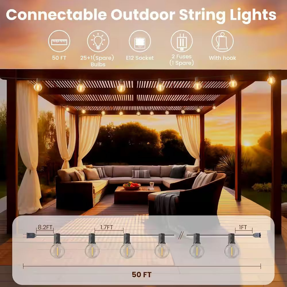 G40 26-Light 50 Ft. Indoor/Outdoor Plug-In LED Globe String-Light Shatterproof Waterproof for Porch Bistro Backyard