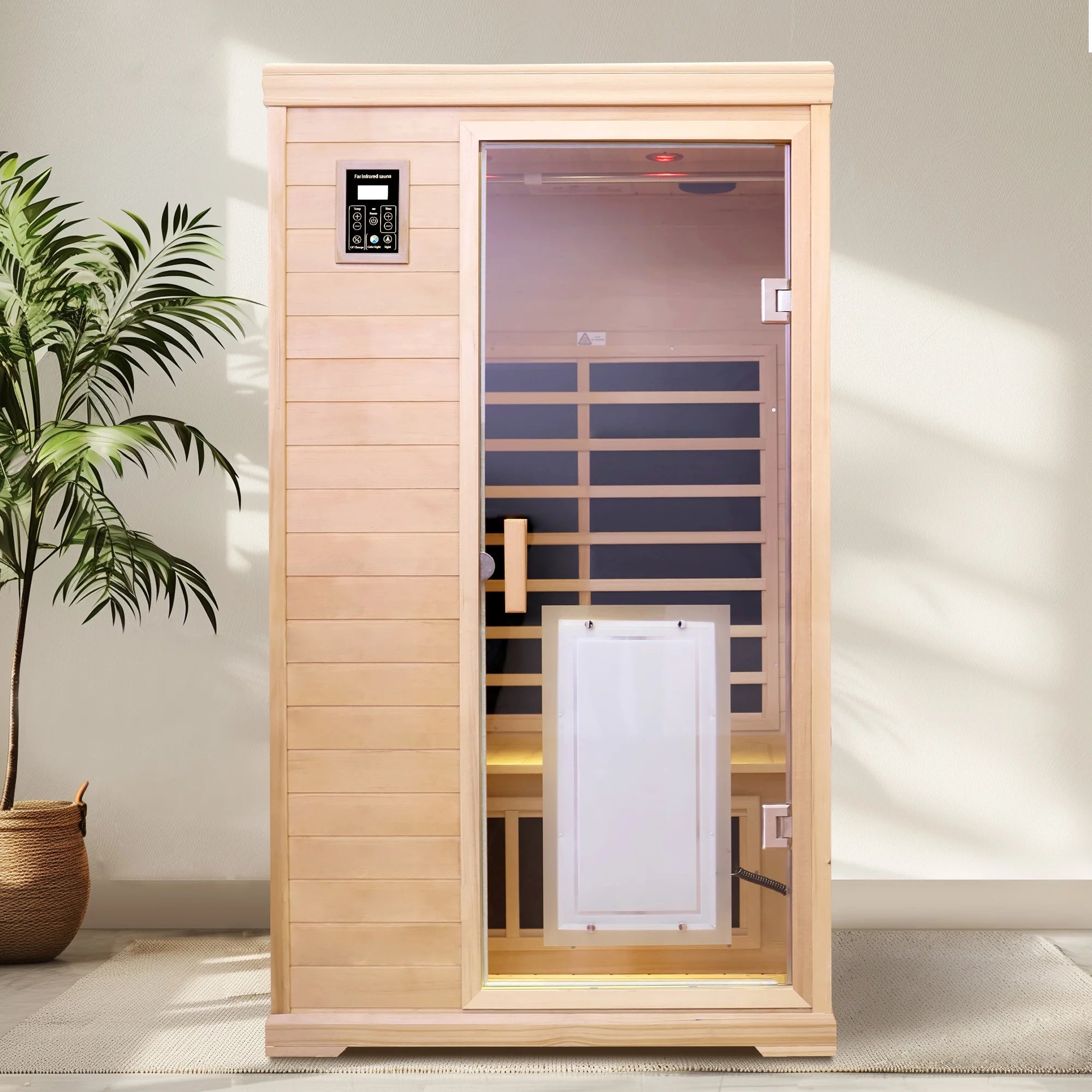 2 Person Far Infrared Sauna for Home, Canadian Hemlock Wood Indoor Dry Sauna with 8 Carbon Heating Panels, Dual Controls, Color Therapy Beauty Light, Bluetooth Speakers