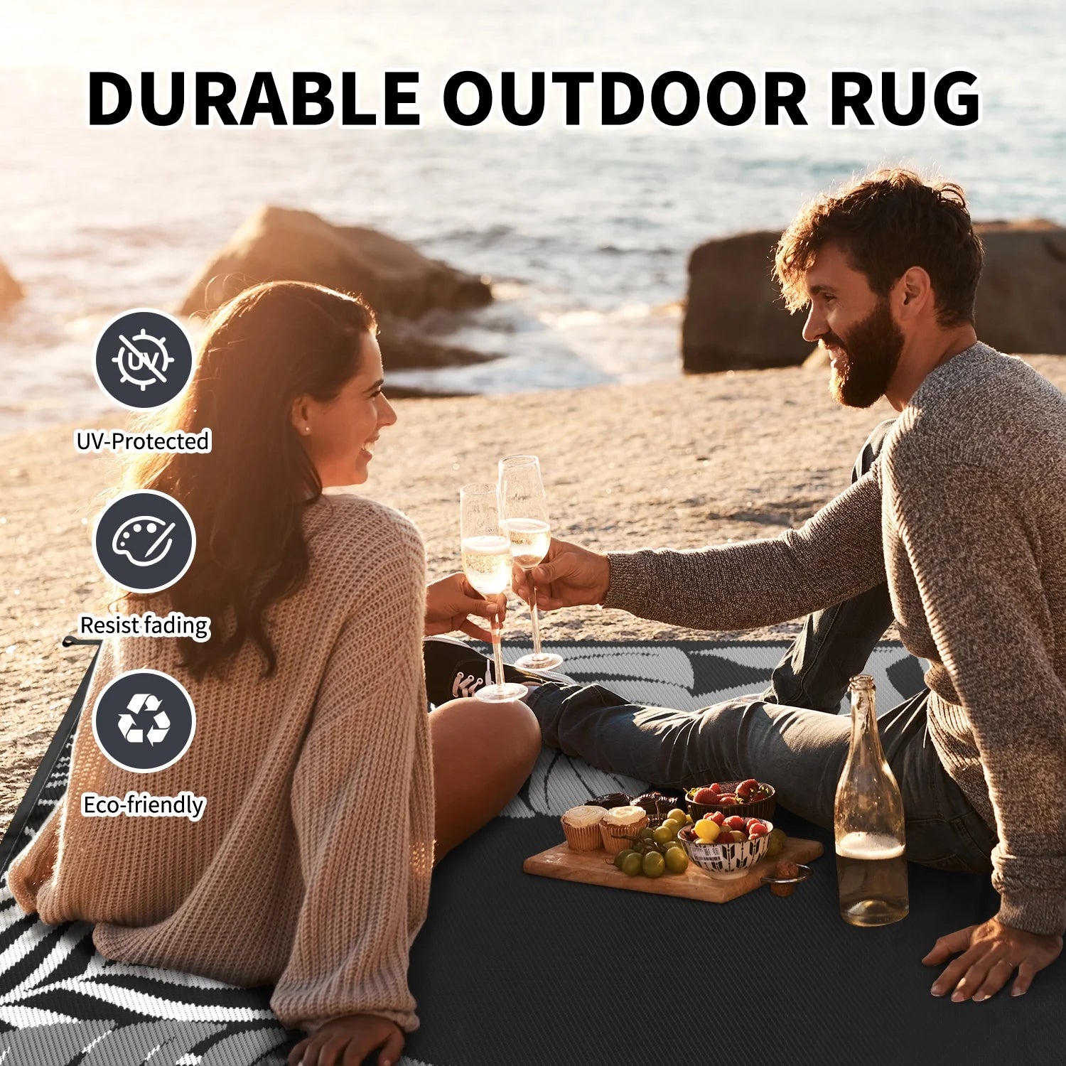 5'X8' Feet Waterproof Outdoor Rug, Reversible Black Plastic Patio Mat with Straw Texture Tropical Palm Leaf, Non-Slip Carpet for Camping, RV, Balcony, Porch, Picnic