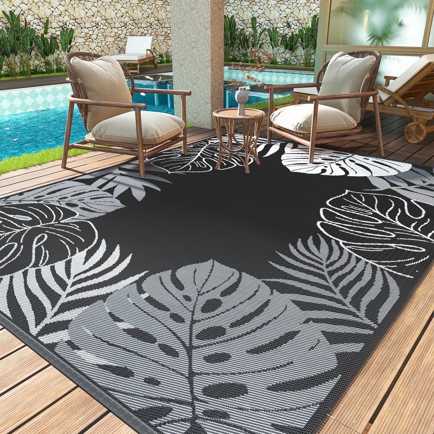 5'X8' Feet Waterproof Outdoor Rug, Reversible Black Plastic Patio Mat with Straw Texture Tropical Palm Leaf, Non-Slip Carpet for Camping, RV, Balcony, Porch, Picnic