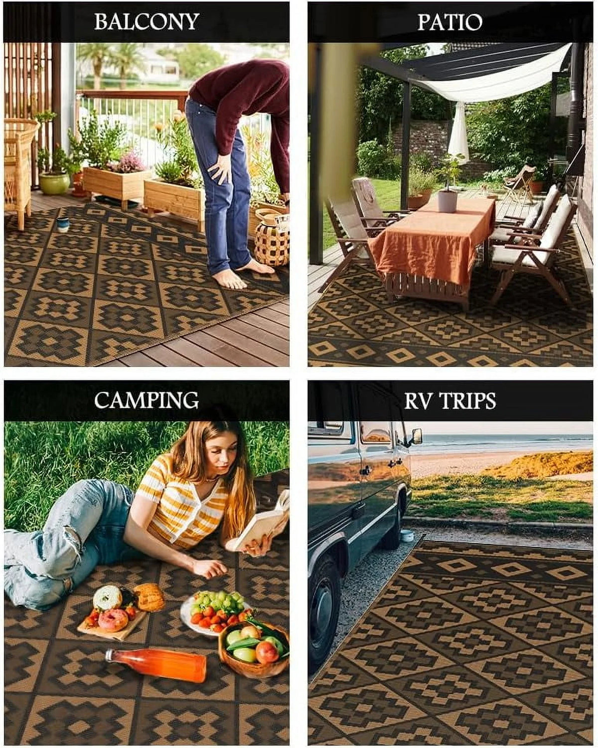 Outdoor Rug 8'X10' Waterproof Reversible Patio Rug Modern Lightweight Plastic Straw Indoor Outdoor Rug for RV Camping Deck Balcony Porch Boho Patio Decor Outdoor Carpet Black and Brown