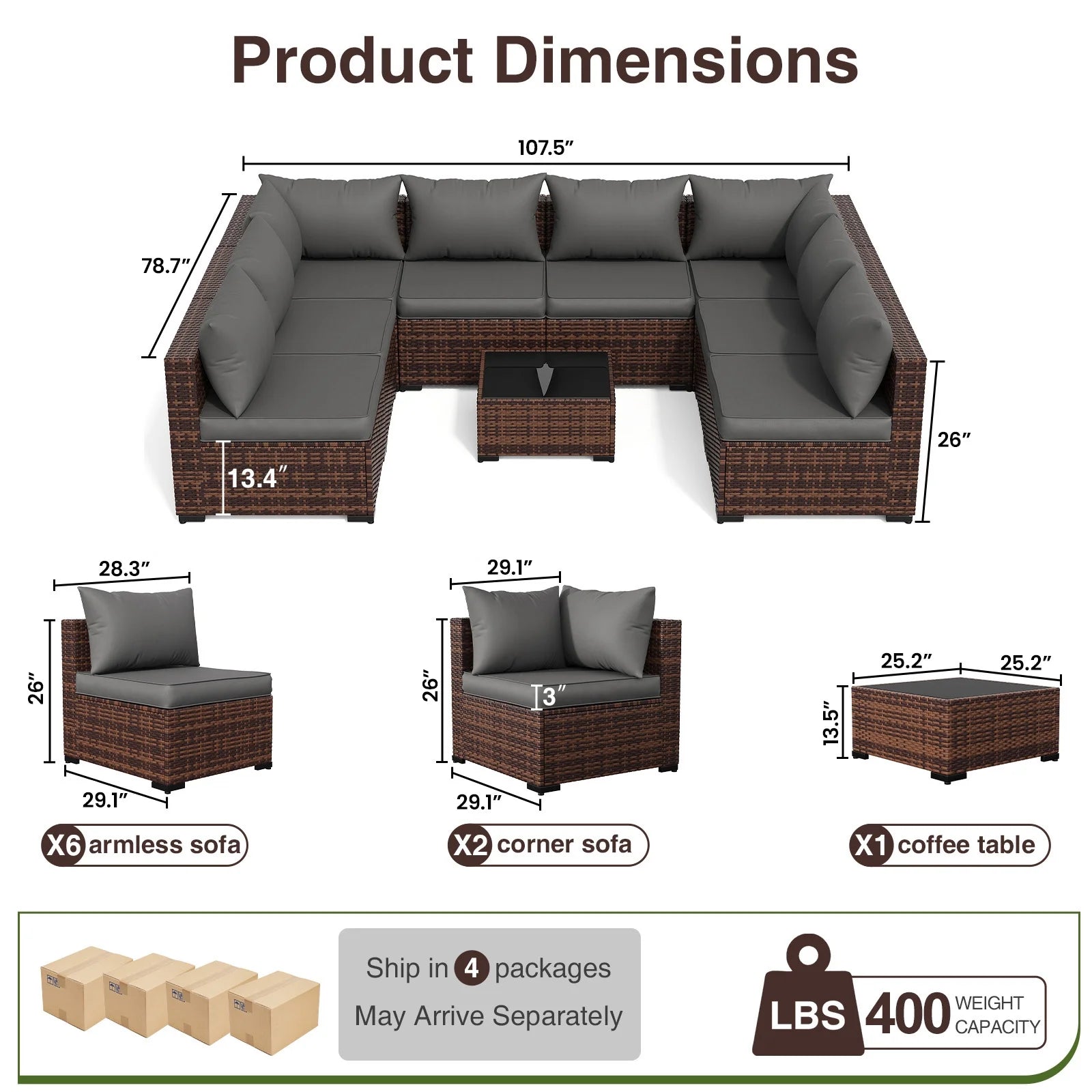Patio Furniture Set, Outdoor Patio Furniture Wicker Furniture Couch Set, 9 Pieces Outdoor Sectional Sofa, Patio Furniture Set, Outdoor Patio Set for Porch Furniture (Grey)