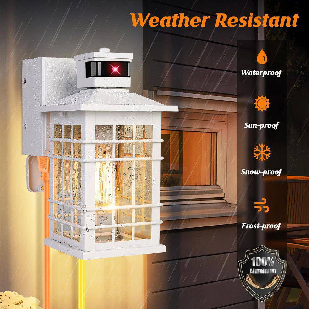 Outdoor Lantern Motion Sensor Porch Light with GFCI Outlets, 11.4'' Dusk to Dawn Outdoor Wall Light White