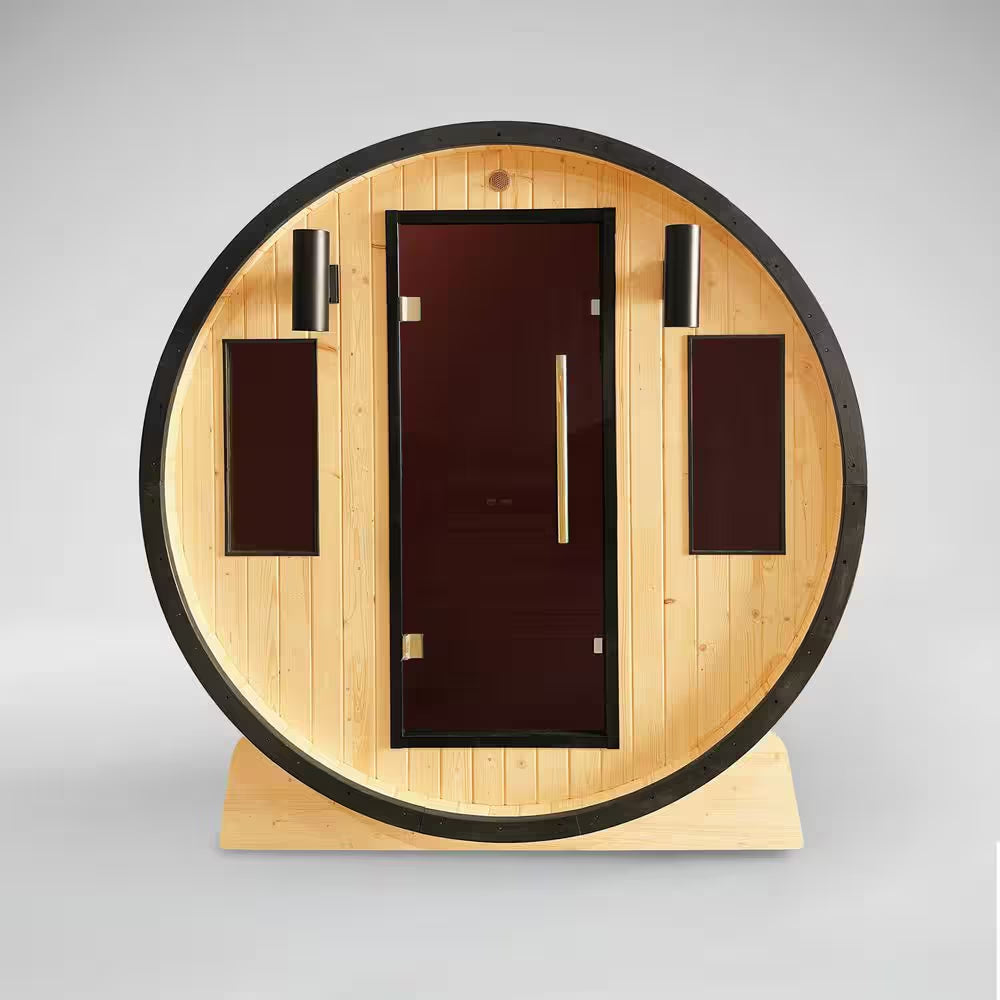 3-Person Capacity Outdoor White Finland Pine Wet/Dry Traditional Barrel Sauna with Black Accents