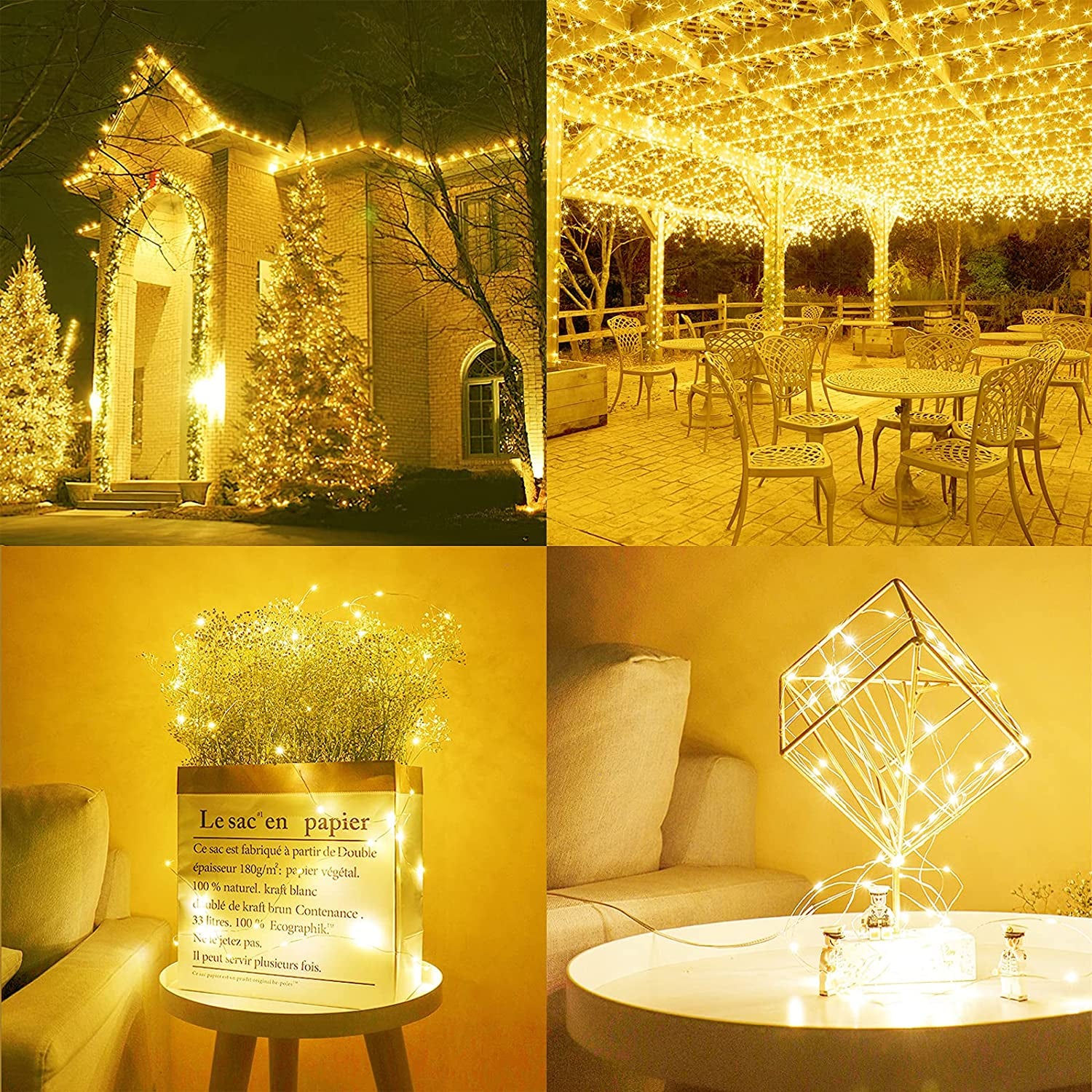 Warm White 100 LED 33Ft Solar String Lights - 8 Modes, IP65 Waterproof, Indoor Outdoor Lighting for Home, Garden, Party, Wedding (2 Pack)