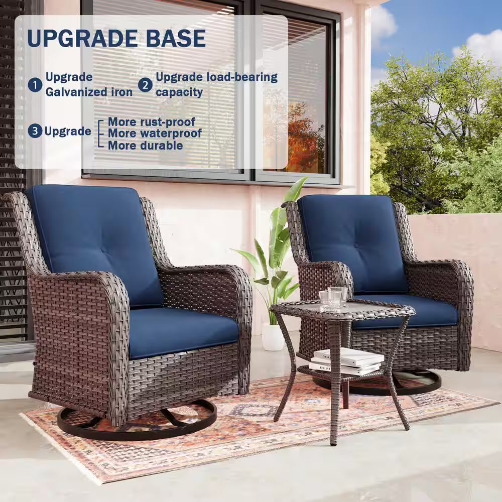 3-Piece Wicker Patio Swivel Outdoor Rocking Chair Set with Blue Cushions and Table