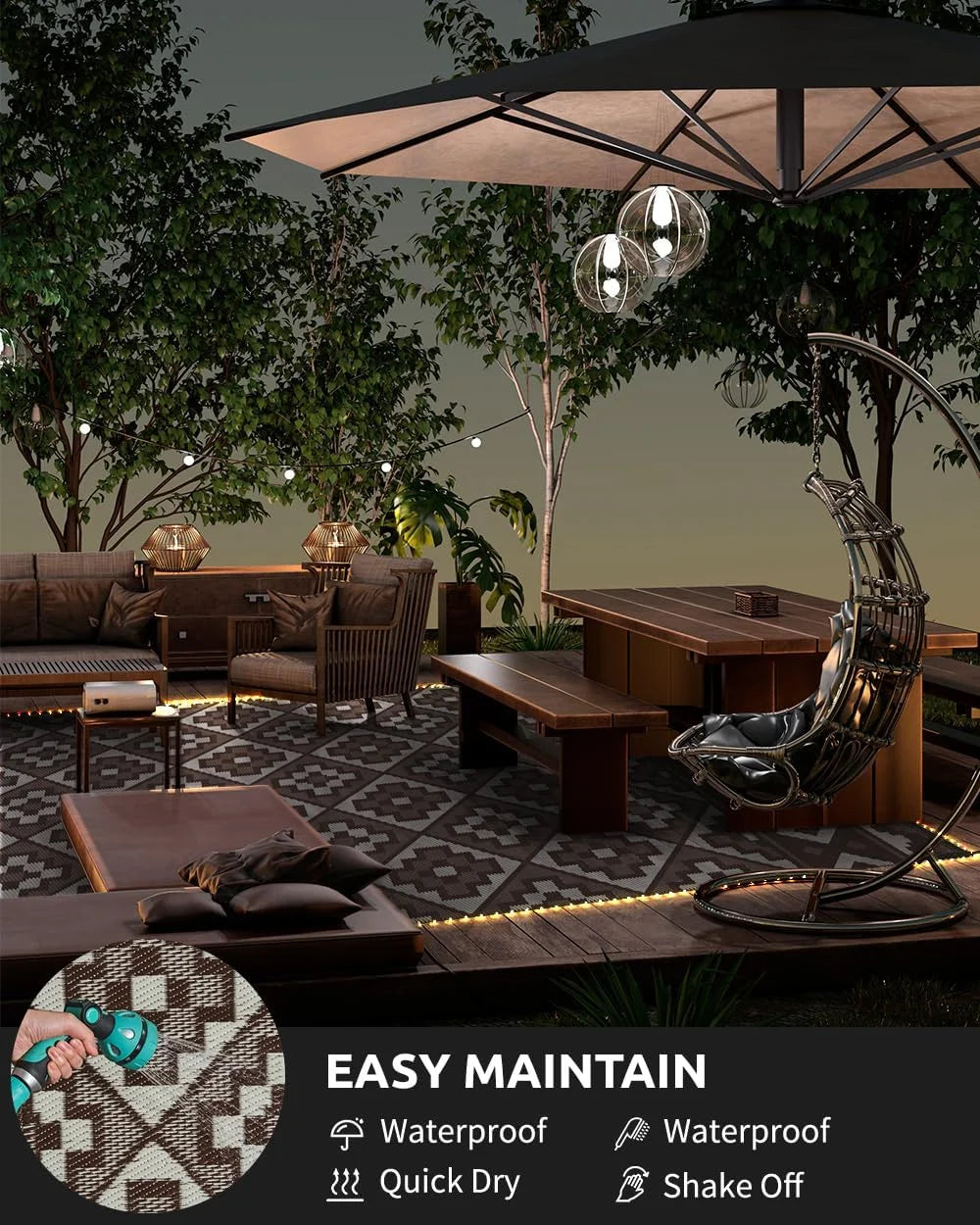 Outdoor Rug with LED Strip Light 8'X10' Waterproof Reversible Patio Rug Modern Lightweight Plastic Straw Indoor Outdoor Rug for RV Camping Deck Balcony Porch Boho Patio Decor Brown and Beige