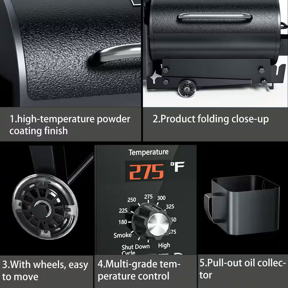 456 Sq. In. Wood Pellet Grill and Smoker BBQ with PID Auto Temperature Control, Folding Legs for Patio or RV in Black