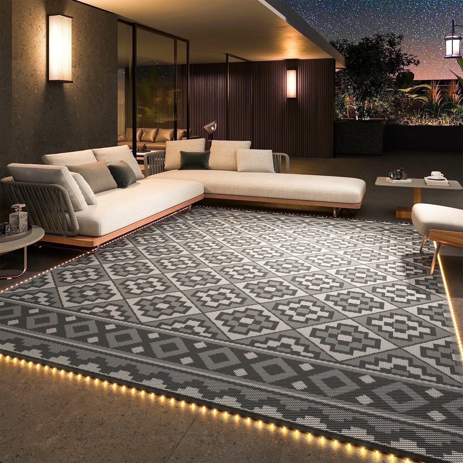 Outdoor Rug with LED Strip Light 8'X10' Waterproof Reversible Patio Ru