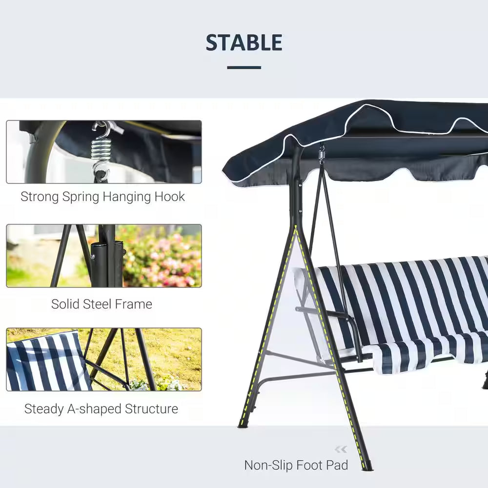 Black Metal Patio Swing with Canopy, Outdoor Yard Glider Swing Chair with Stand