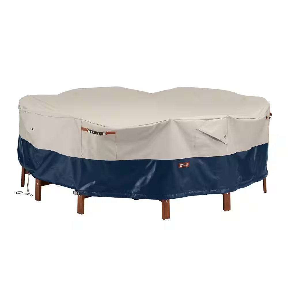 Mainland 94 In. L X 94 In. W X 23 In. H Fog/Navy round Patio Table and Chair Set Cover
