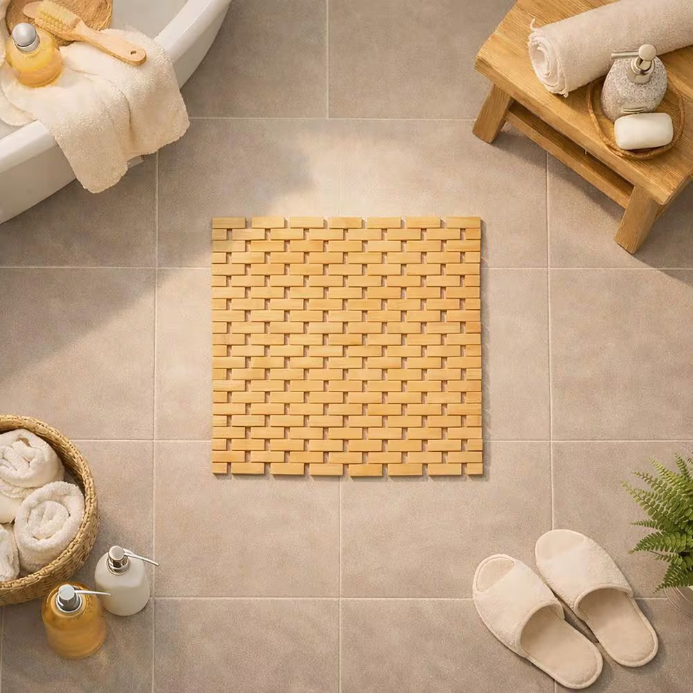 Bath Slats Roll-Up Foldable Shower Door Rug Anti-Slippery Natural 18"X 18"