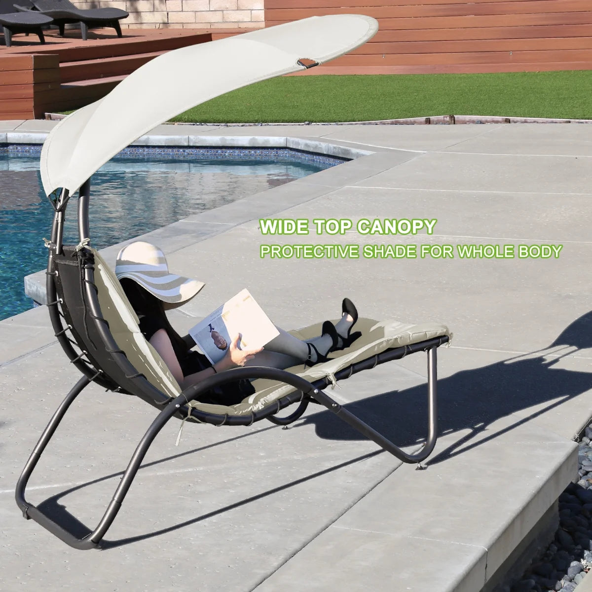 Hanging Chaise Lounger Chair Patio Porch Arc Swing Hammock Chair Canopy Outdoor [Beige]