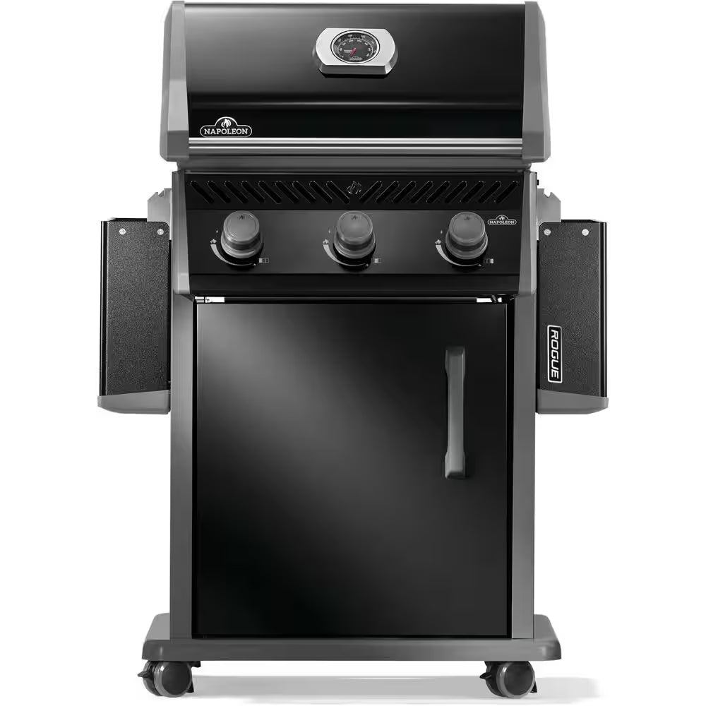 Rogue 425 3-Burner Propane Gas Grill in Black with Cast Iron Cooking Grids