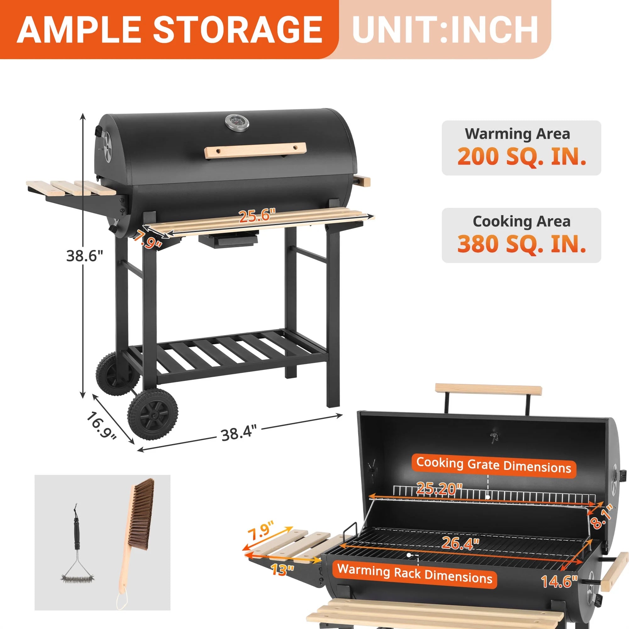 Charcoal Grill with Thermometer & Large Cooking Space, Smoker Grill, BBQ Grills for Camping & Picnic, Iron, Black