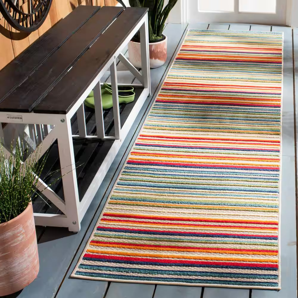 Cabana Ivory/Green 2 Ft. X 9 Ft. Striped Indoor/Outdoor Patio Runner Rug