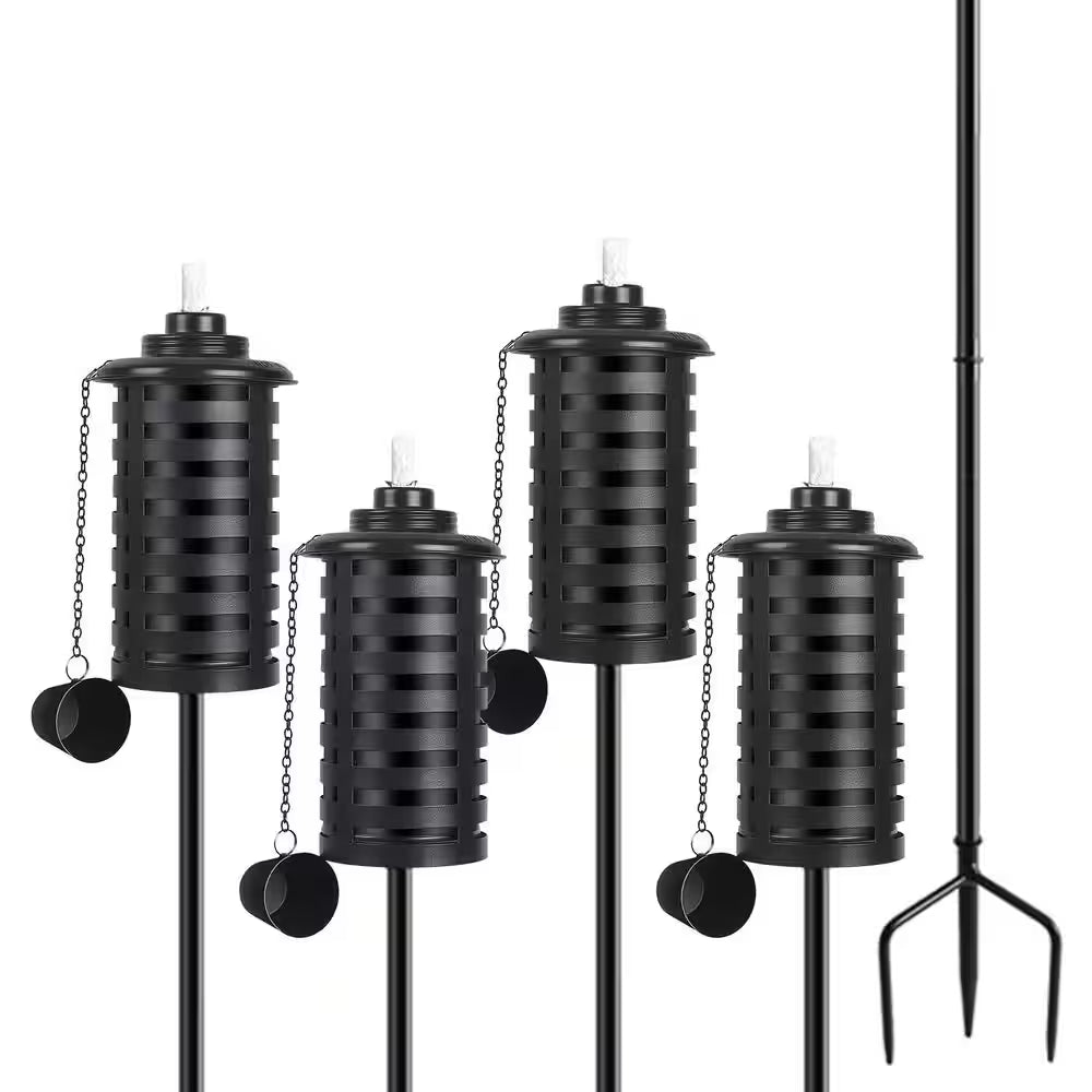 59 Inch Black Metal Outdoor Garden Torch Set Weather-Resistant Adjustable Height 3-Prong Stake 4-Pack