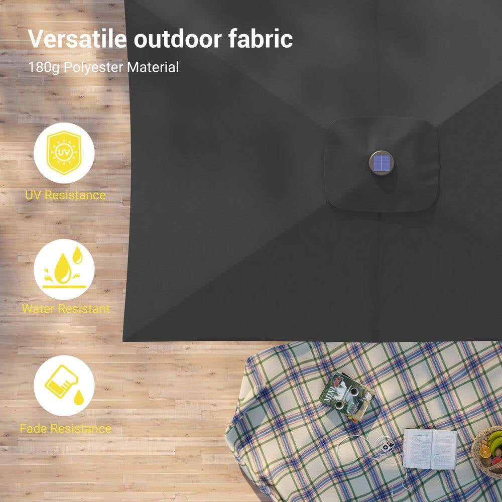 10 Ft. X 6.5 Ft. Rectangle Solar LED Outdoor Patio Market Table Umbrella with Push Button Tilt and Crank in Black