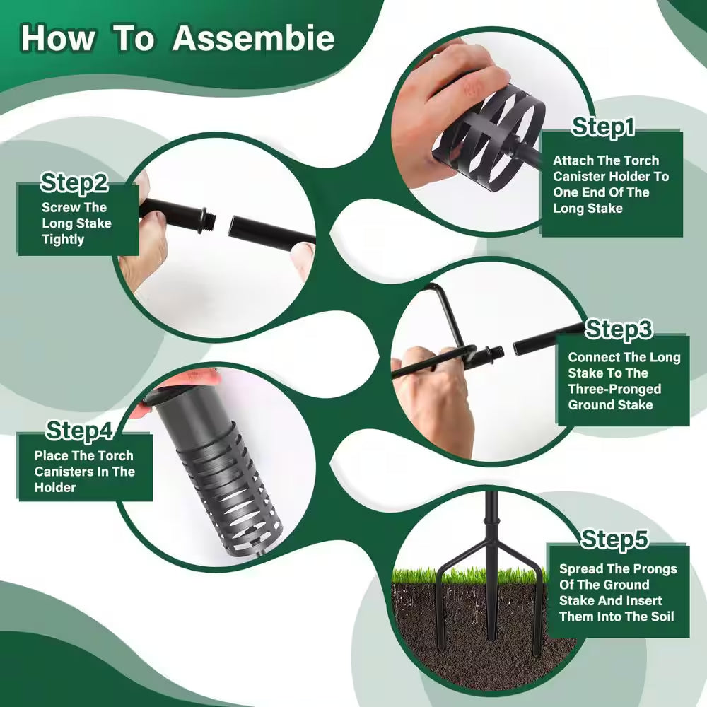 59 Inch Black Metal Outdoor Garden Torch Set Weather-Resistant Adjustable Height 3-Prong Stake 4-Pack