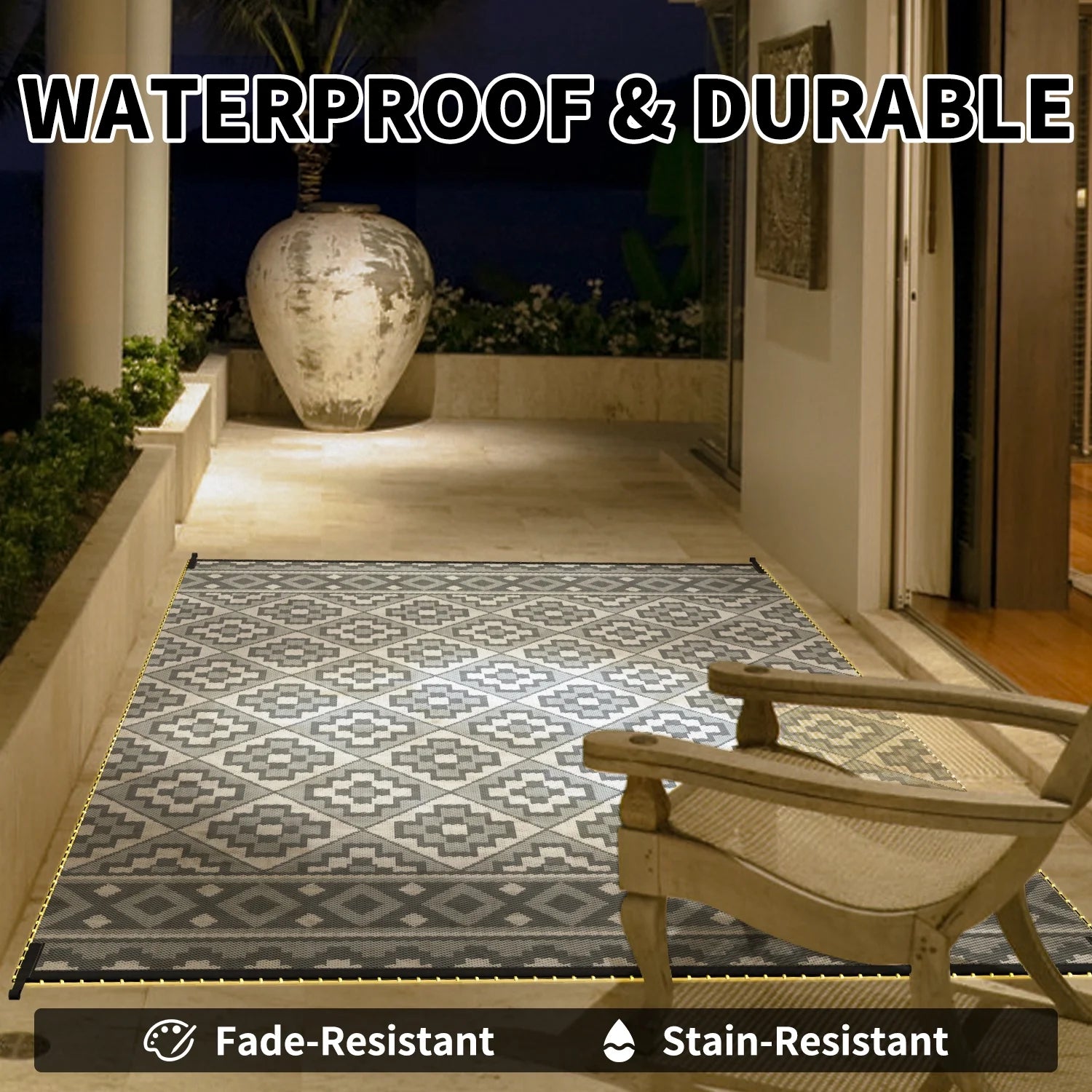 Outdoor Rug with LED Strip Light 8'X10' Waterproof Reversible Patio Rug Modern Lightweight Plastic Straw Indoor Outdoor Rug for RV Camping Deck Balcony Porch Boho Patio Decor Light Gray