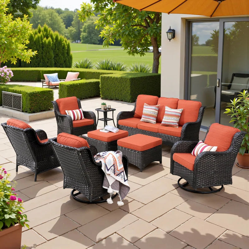 Guillen 7 - Person Wicker Rattan Patio Furniture Set with Swivel Chairs, Outdoor All Weather Sofa Conversation Set with Cushions for Garden Backyard
