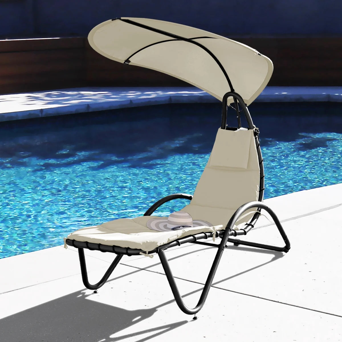 Hanging Chaise Lounger Chair Patio Porch Arc Swing Hammock Chair Canopy Outdoor [Beige]