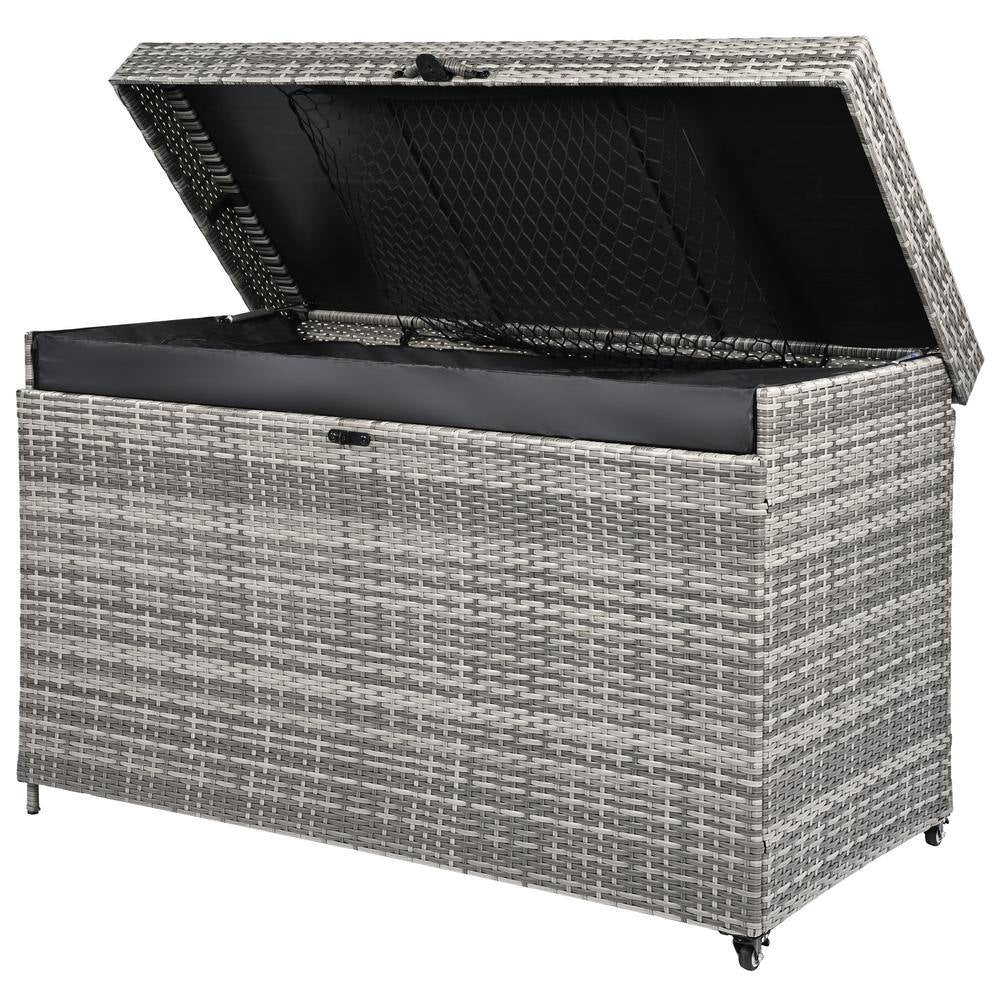 200 Gal. Gray Rattan Deck Box with Wheels All-Weather Outdoor Storage Box Wicker Storage Bin and Galvanized Steel Frame