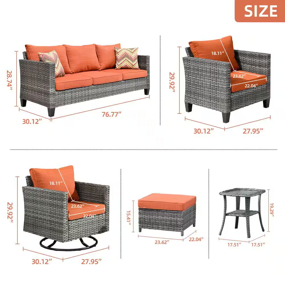 Megon Holly Gray 10-Piece Wicker Patio Conversation Seating Sofa Set with Orange Red Cushions and Swivel Rocking Chairs
