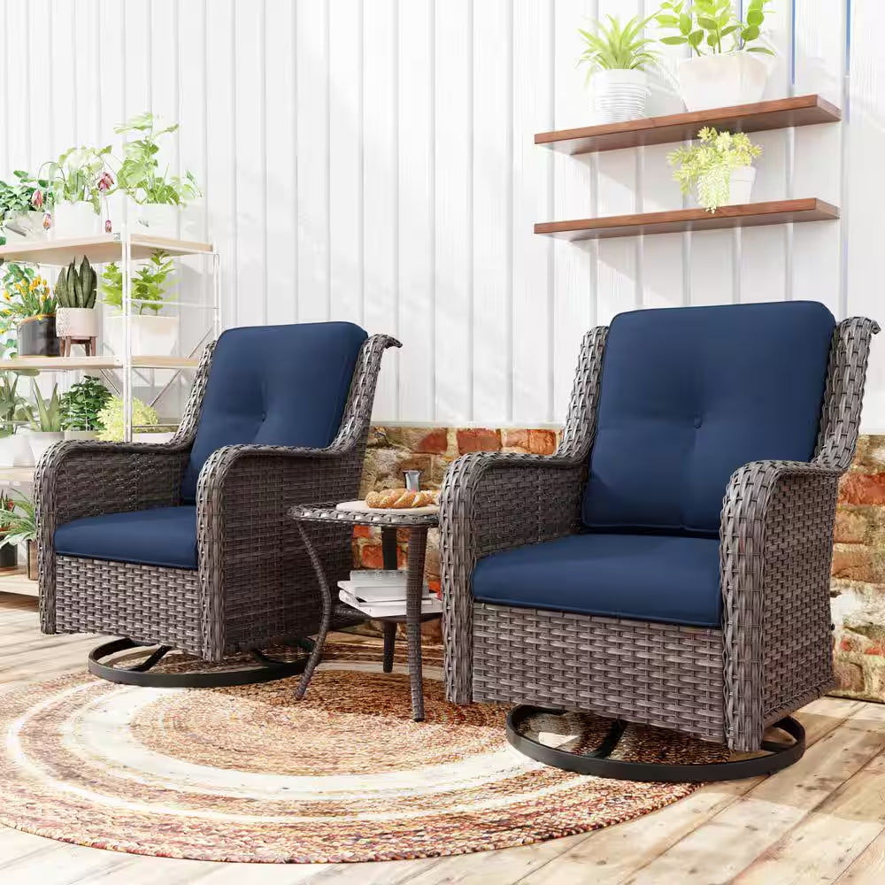 3-Piece Wicker Patio Swivel Outdoor Rocking Chair Set with Blue Cushions and Table