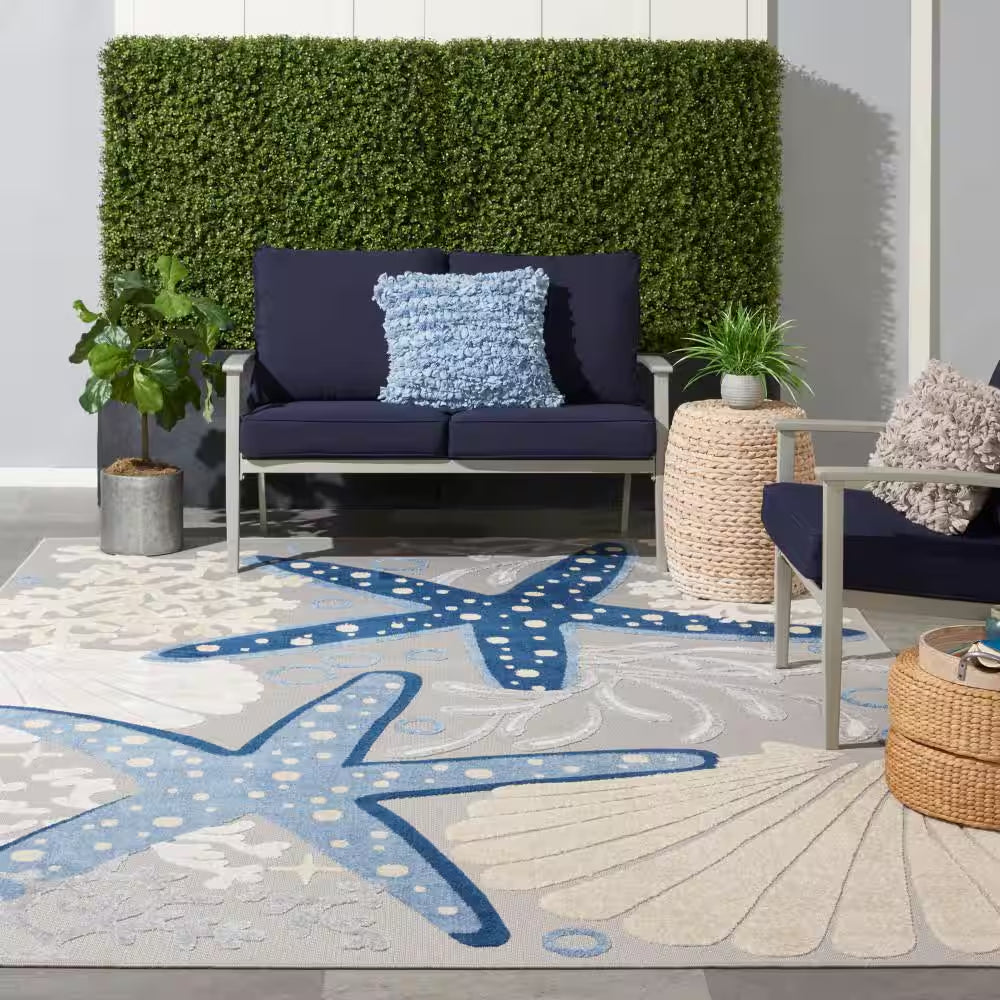 Aloha Blue/Gray 8 Ft. X 11 Ft. Floral Modern Indoor/Outdoor Patio Area Rug