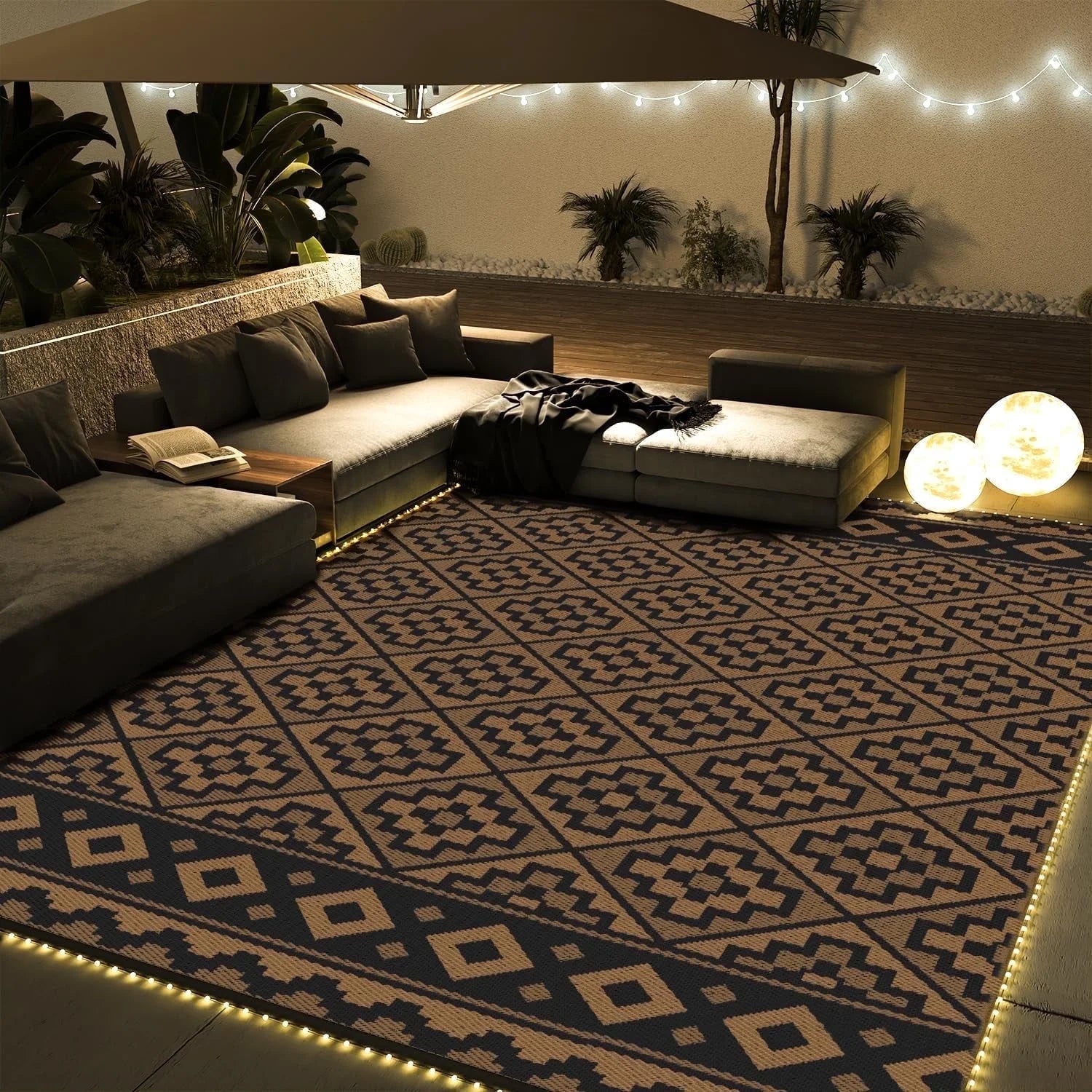 Outdoor Rug with LED Strip Light 9'X12' Waterproof Reversible Patio Rug Modern Lightweight Plastic Straw Indoor Outdoor Rug for RV Camping Deck Balcony Porch Boho Patio Decor Black and Brown