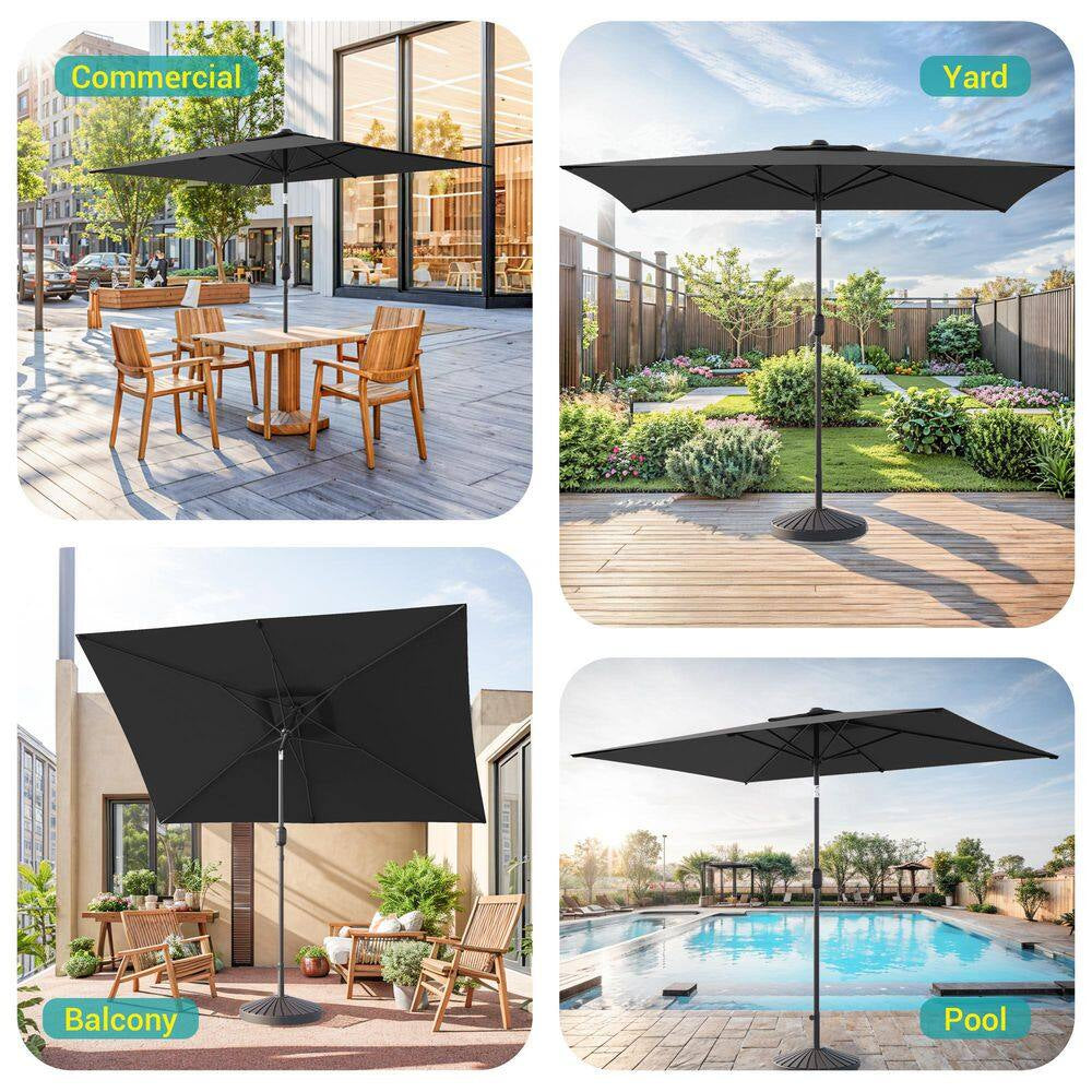 10 Ft. X 6.5 Ft. Rectangle Solar LED Outdoor Patio Market Table Umbrella with Push Button Tilt and Crank in Black