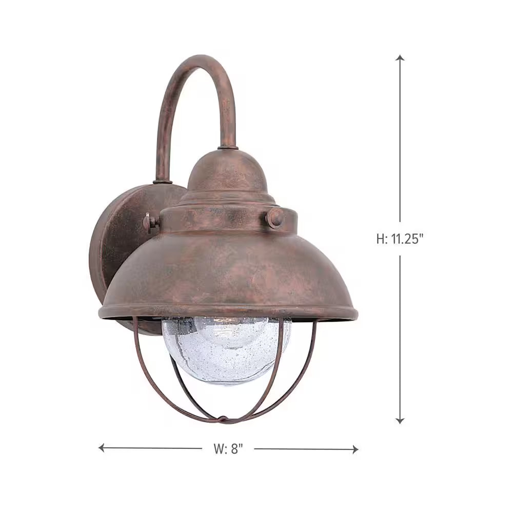 Sebring 8 In. W 1-Light Weathered Copper Outdoor 11.25 In. Wall Lantern Sconce with Clear Seeded Glass