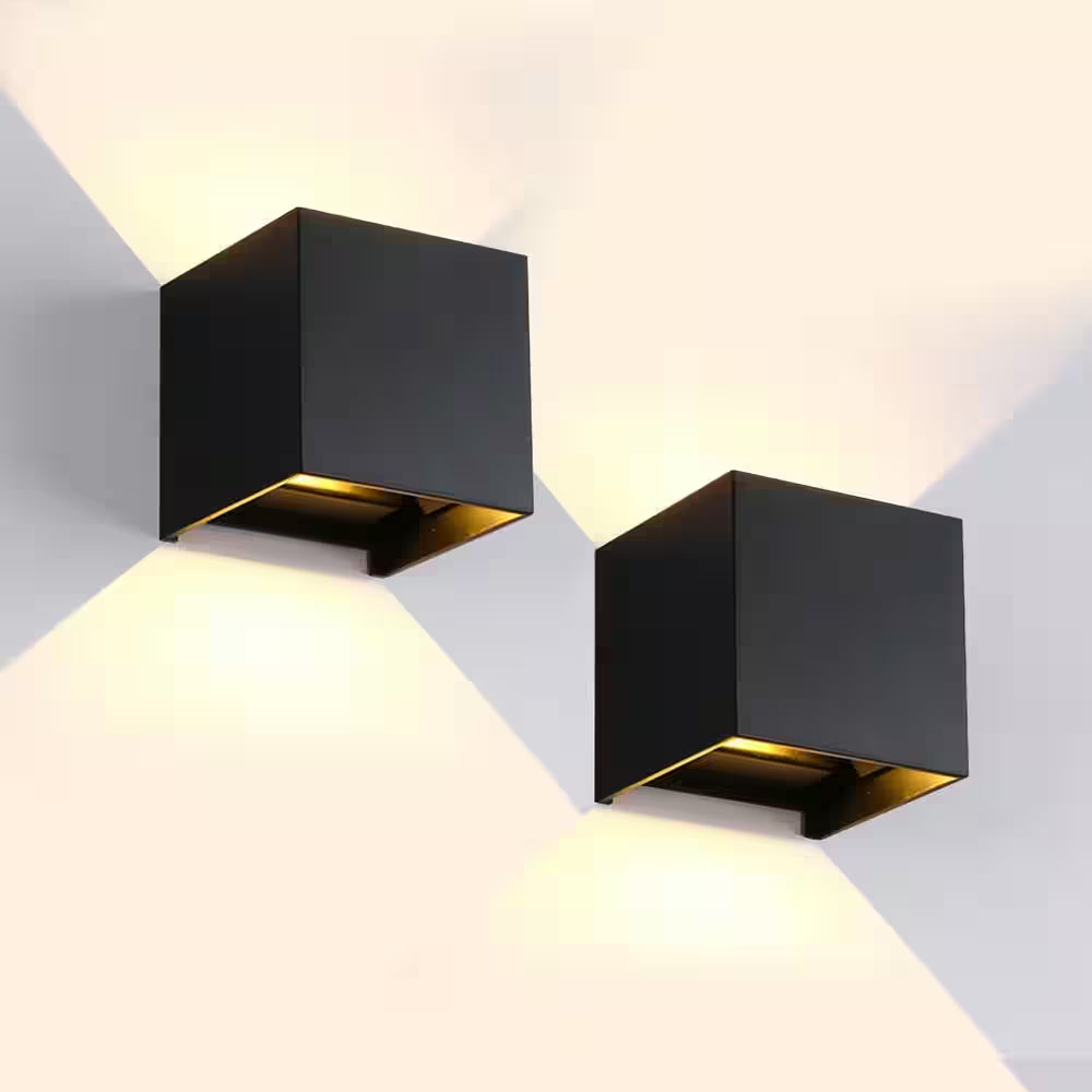 4 In. 2-Light Matte Black Aluminum Cube LED Outdoor Hardwired Wall Lantern Sconce with Adjustable Light Beam (2-Pack)