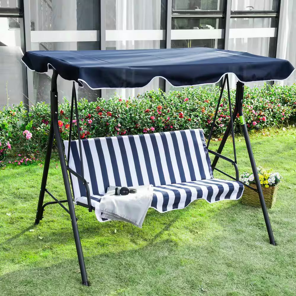Black Metal Patio Swing with Canopy, Outdoor Yard Glider Swing Chair with Stand