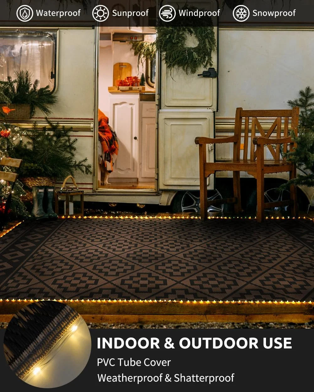 Outdoor Rug with LED Strip Light 9'X12' Waterproof Reversible Patio Rug Modern Lightweight Plastic Straw Indoor Outdoor Rug for RV Camping Deck Balcony Porch Boho Patio Decor Black and Brown