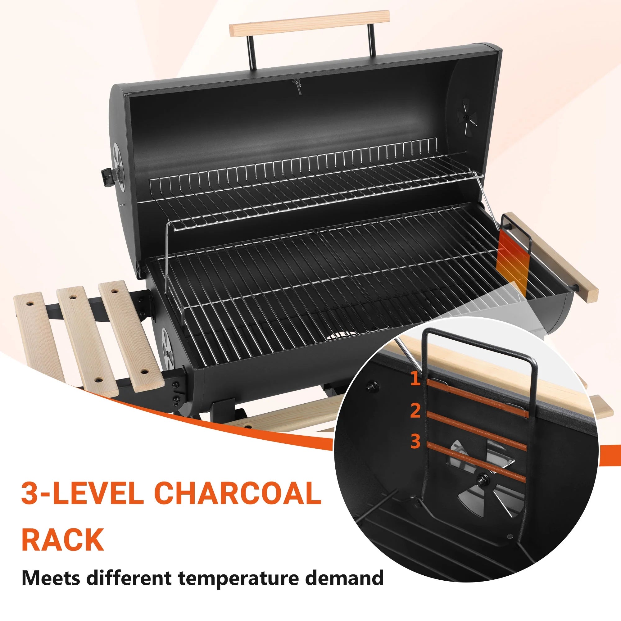Charcoal Grill with Thermometer & Large Cooking Space, Smoker Grill, BBQ Grills for Camping & Picnic, Iron, Black