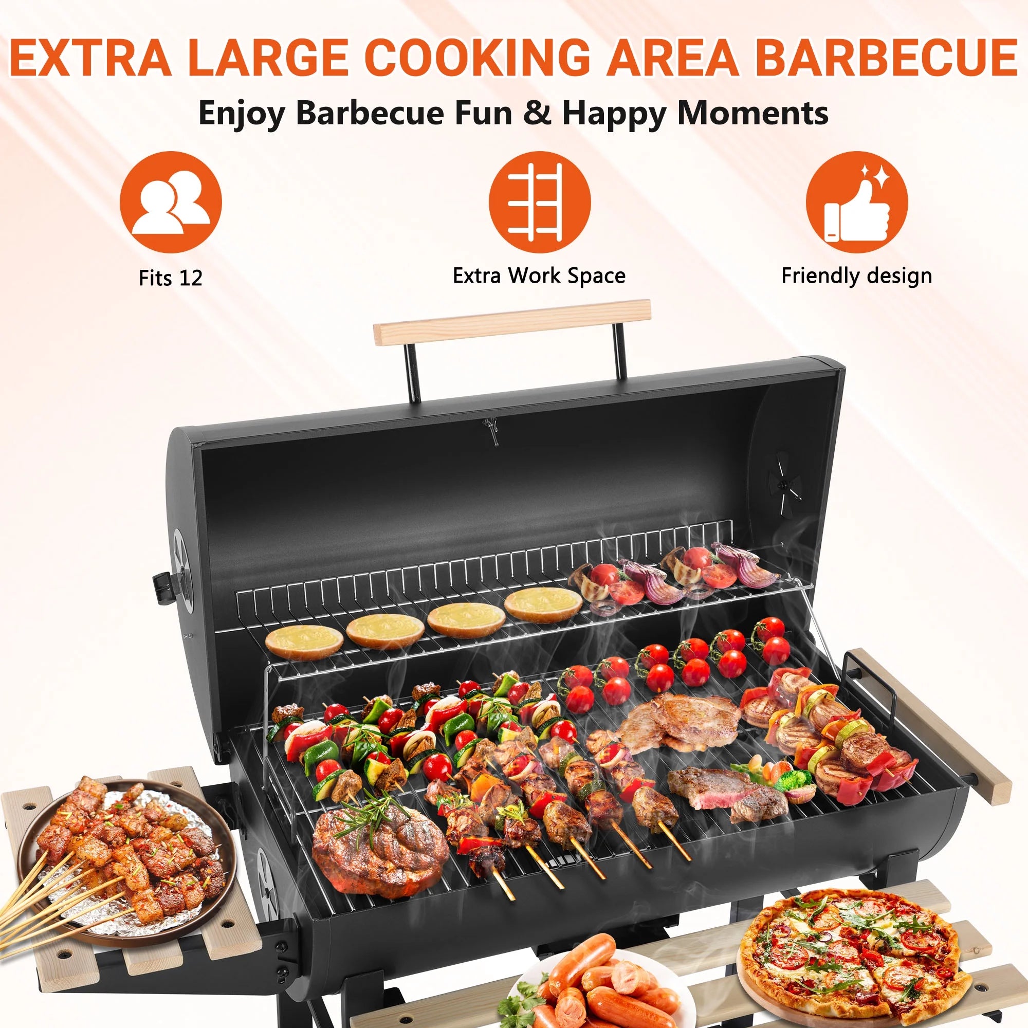 Charcoal Grill with Thermometer & Large Cooking Space, Smoker Grill, BBQ Grills for Camping & Picnic, Iron, Black