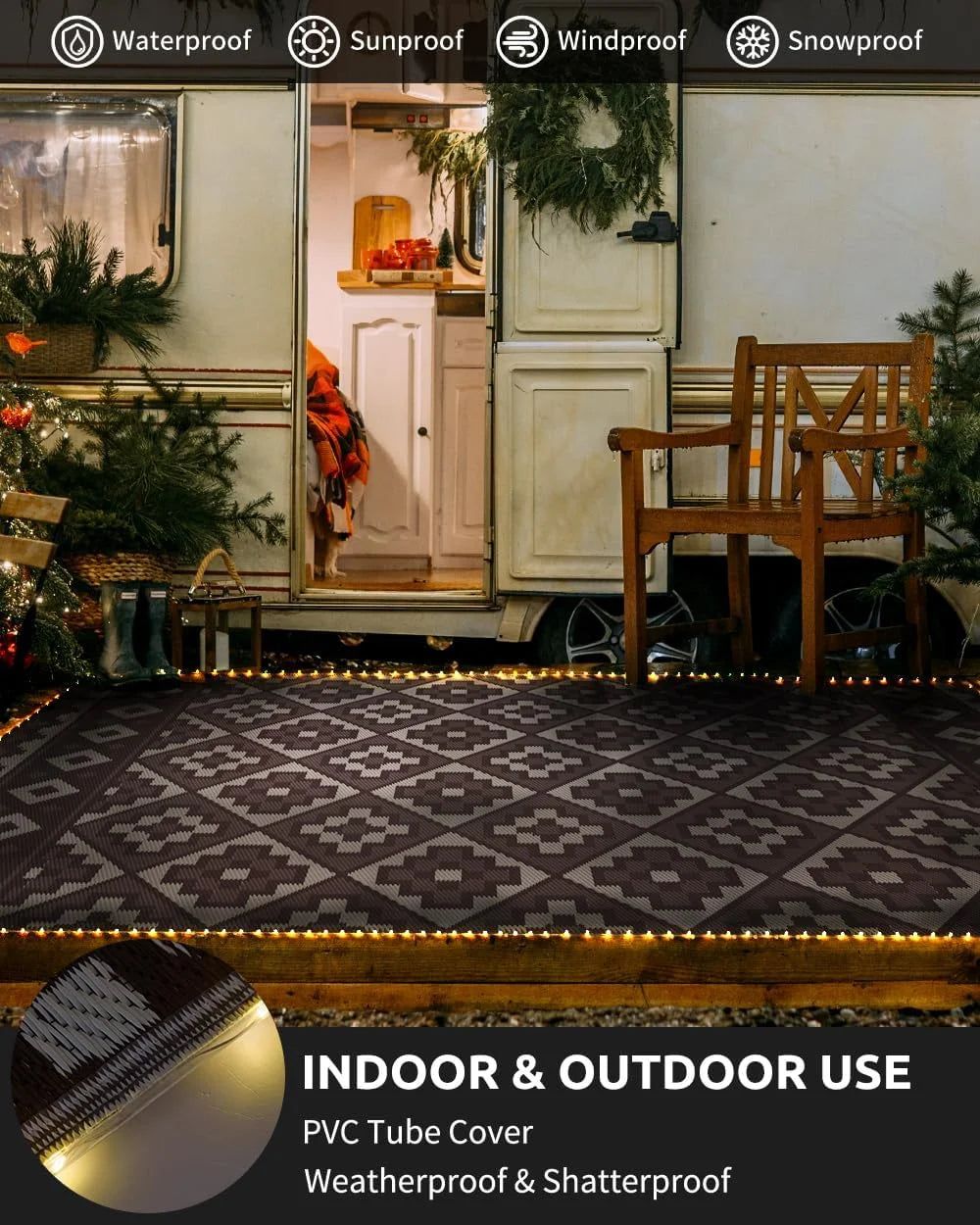 Outdoor Rug with LED Strip Light 8'X10' Waterproof Reversible Patio Rug Modern Lightweight Plastic Straw Indoor Outdoor Rug for RV Camping Deck Balcony Porch Boho Patio Decor Brown and Beige